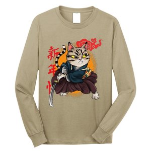 Japanese Samurai Cat Tattoo Kawaii Ninja Cat Long Sleeve Shirt