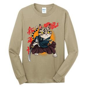 Japanese Samurai Cat Tattoo Kawaii Ninja Cat Tall Long Sleeve T-Shirt