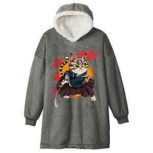 Japanese Samurai Cat Tattoo Kawaii Ninja Cat Hooded Wearable Blanket