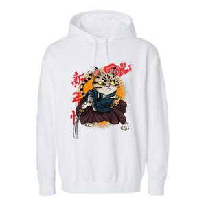 Japanese Samurai Cat Tattoo Kawaii Ninja Cat Garment-Dyed Fleece Hoodie