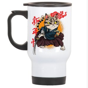 Japanese Samurai Cat Tattoo Kawaii Ninja Cat Stainless Steel Travel Mug