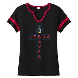 Jesus Saves Christian Slogan Cross Ladies Halftime Notch Neck Tee