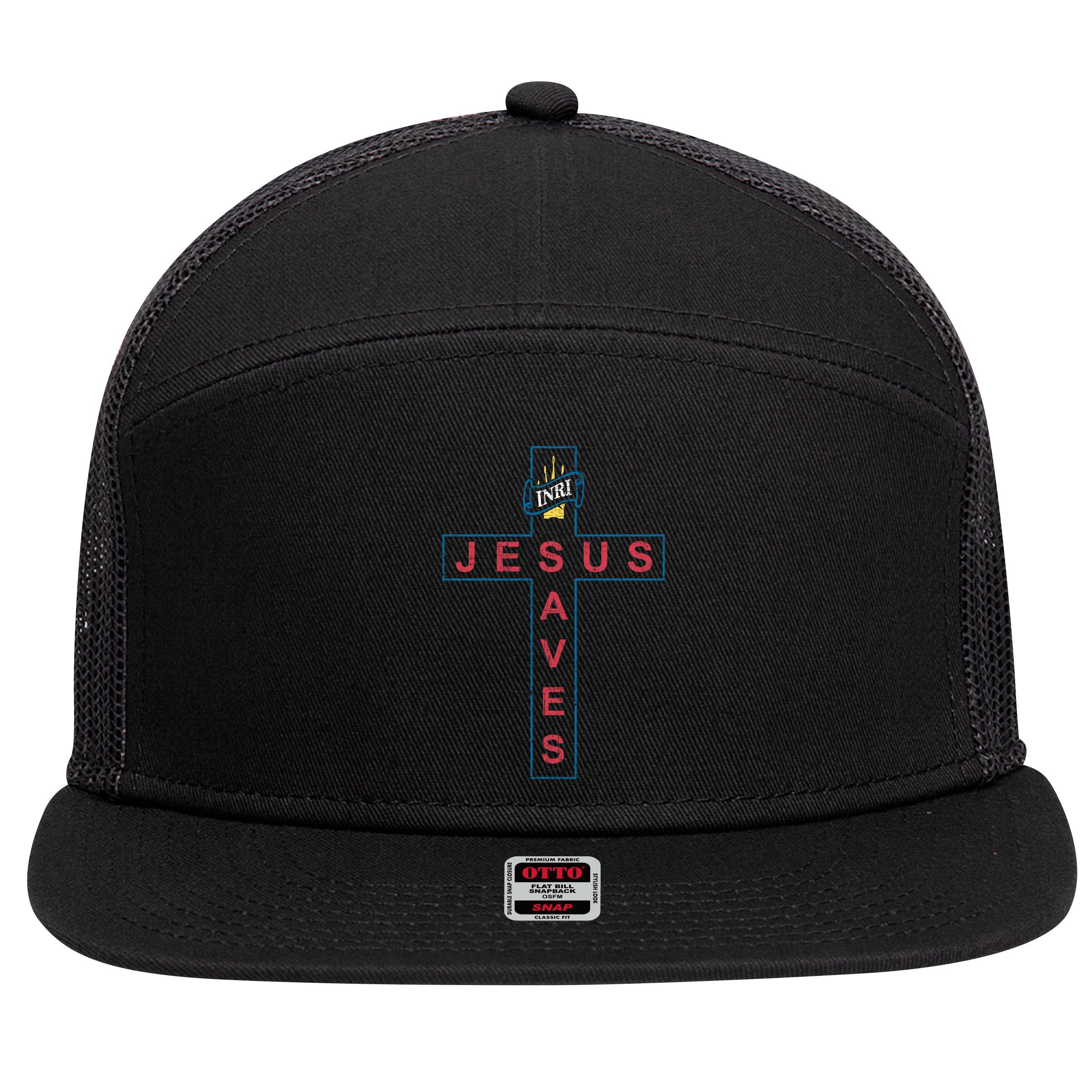 Jesus Saves Christian Slogan Cross 7 Panel Mesh Trucker Snapback Hat