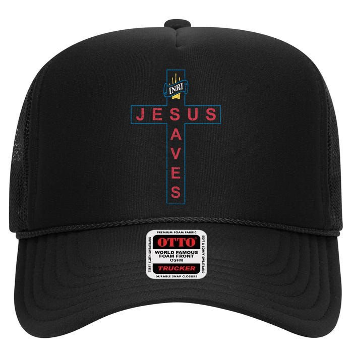 Jesus Saves Christian Slogan Cross High Crown Mesh Back Trucker Hat