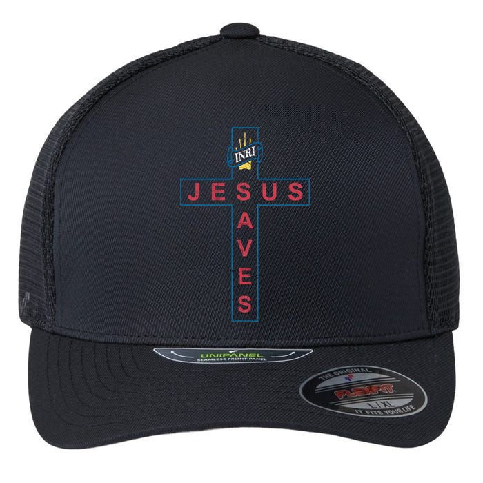 Jesus Saves Christian Slogan Cross Flexfit Unipanel Trucker Cap