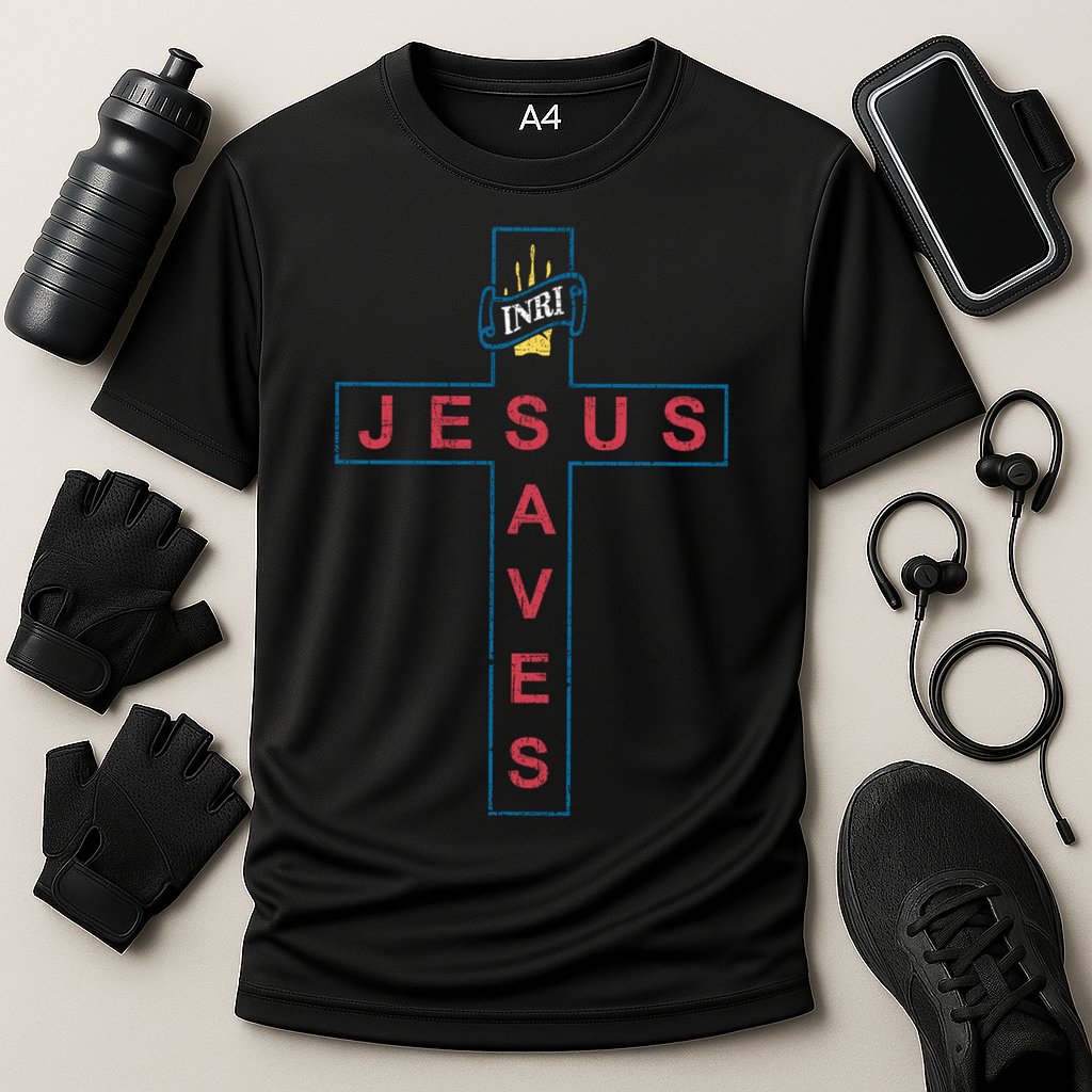 Jesus Saves Christian Slogan Cross Performance Shirt