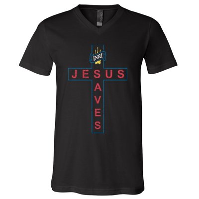 Jesus Saves Christian Slogan Cross V-Neck T-Shirt