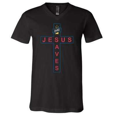 Jesus Saves Christian Slogan Cross V-Neck T-Shirt