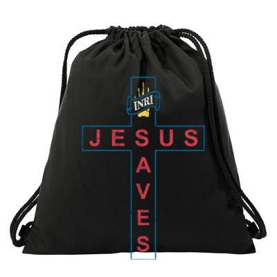 Jesus Saves Christian Slogan Cross Drawstring Bag