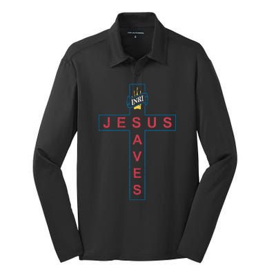 Jesus Saves Christian Slogan Cross Silk Touch Performance Long Sleeve Polo