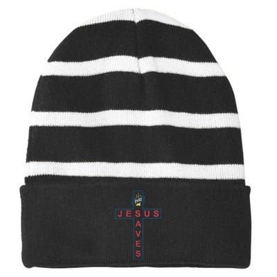 Jesus Saves Christian Slogan Cross Striped Beanie with Solid Band