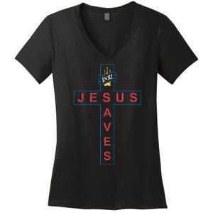 Jesus Saves Christian Slogan Cross Women's V-Neck T-Shirt