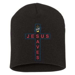 Jesus Saves Christian Slogan Cross Short Acrylic Beanie