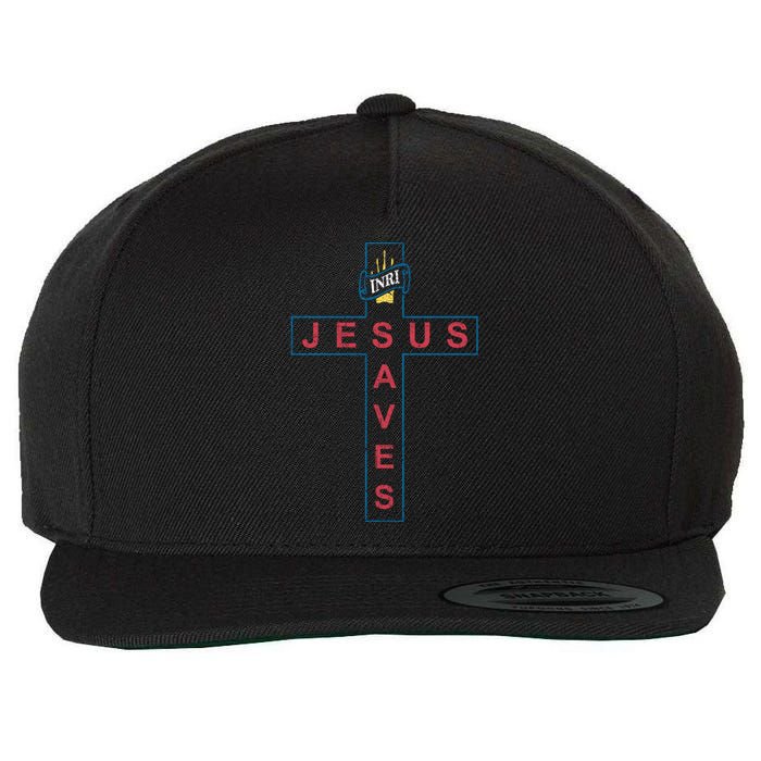 Jesus Saves Christian Slogan Cross Wool Snapback Cap