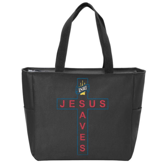 Jesus Saves Christian Slogan Cross Zip Tote Bag