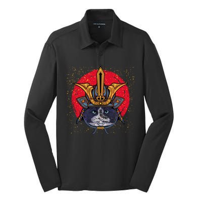 Japanese Samurai Cat Vintage Silk Touch Performance Long Sleeve Polo