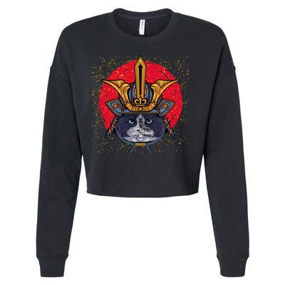 Japanese Samurai Cat Vintage Cropped Pullover Crew