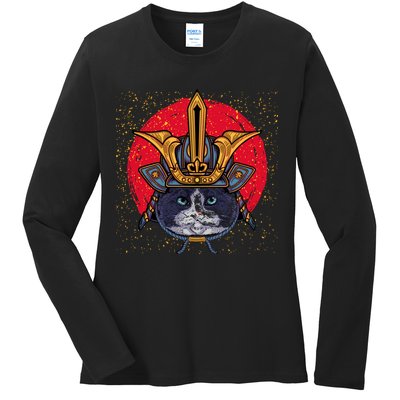 Japanese Samurai Cat Vintage Ladies Long Sleeve Shirt
