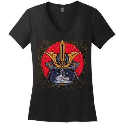 Japanese Samurai Cat Vintage Women's V-Neck T-Shirt