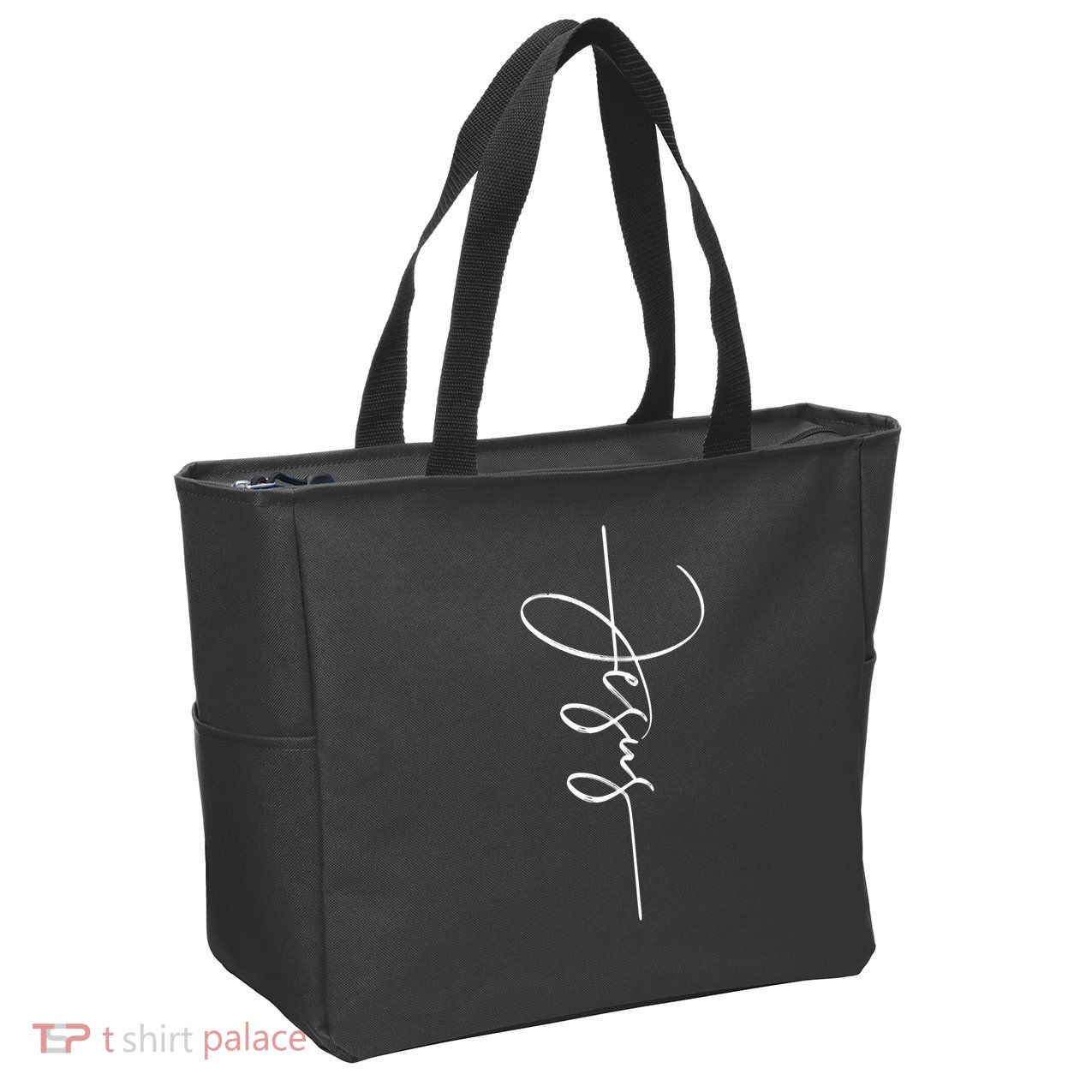 Jesus Signature Cross Script Christ Easter Zip Tote Bag