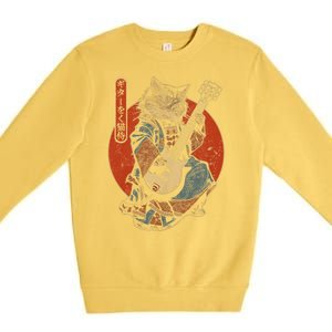 Japanese Samurai Cat Playing The Electric Guitar Premium Crewneck Sweatshirt