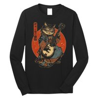 Japanese Samurai Cat Playing The Electric Guitar Long Sleeve Shirt