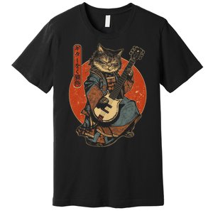 Japanese Samurai Cat Playing The Electric Guitar Premium T-Shirt