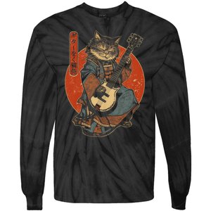 Japanese Samurai Cat Playing The Electric Guitar Tie-Dye Long Sleeve Shirt