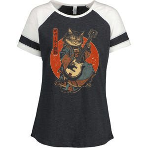 Japanese Samurai Cat Playing The Electric Guitar Enza Ladies Jersey Colorblock Tee