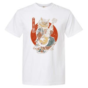 Japanese Samurai Cat Playing The Electric Guitar Garment-Dyed Heavyweight T-Shirt