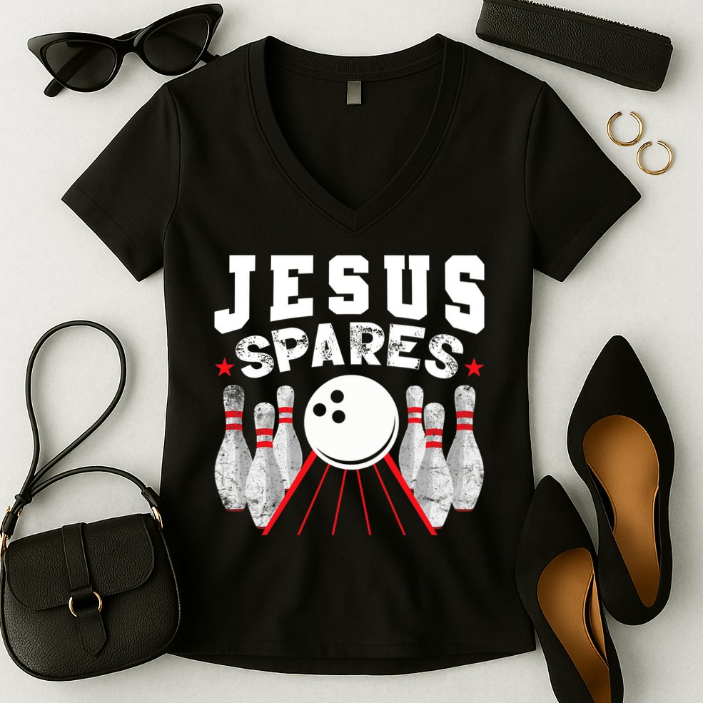 Jesus Spares Funny Christian Bowling Women's V-Neck T-Shirt