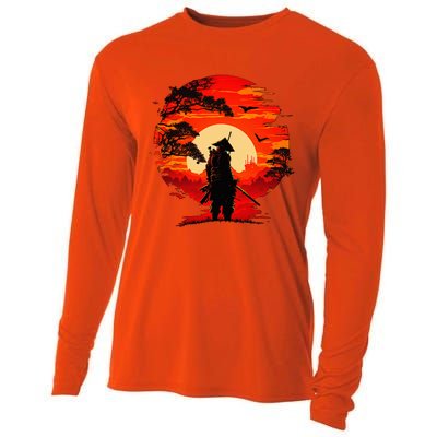 Japanese Samurai Fighter Martial Arts Retro Sunset Cooling Performance Long Sleeve Crew