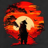 Japanese Samurai Fighter Martial Arts Retro Sunset 7 Panel Mesh Trucker Snapback Hat