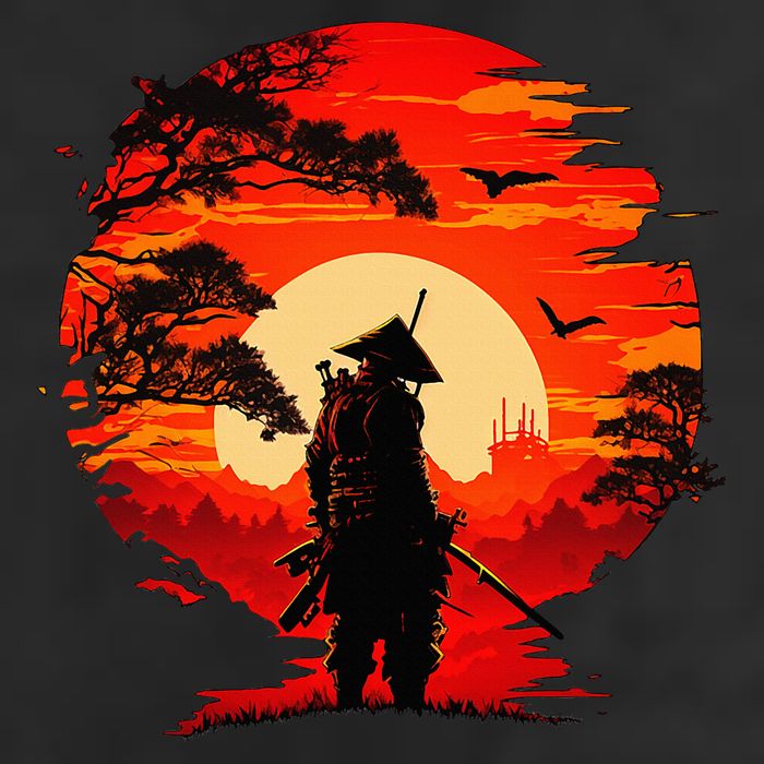 Japanese Samurai Fighter Martial Arts Retro Sunset 7 Panel Mesh Trucker Snapback Hat