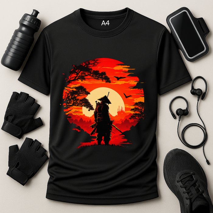 Japanese Samurai Fighter Martial Arts Retro Sunset Cooling Performance Crew T-Shirt