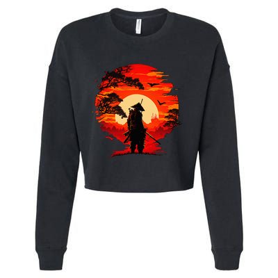 Japanese Samurai Fighter Martial Arts Retro Sunset Cropped Pullover Crew