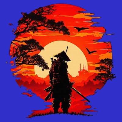 Japanese Samurai Fighter Martial Arts Retro Sunset T-Shirt