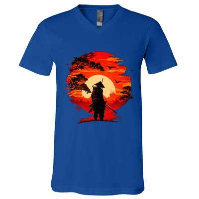 Japanese Samurai Fighter Martial Arts Retro Sunset V-Neck T-Shirt