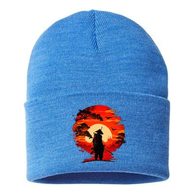 Japanese Samurai Fighter Martial Arts Retro Sunset Sustainable Knit Beanie