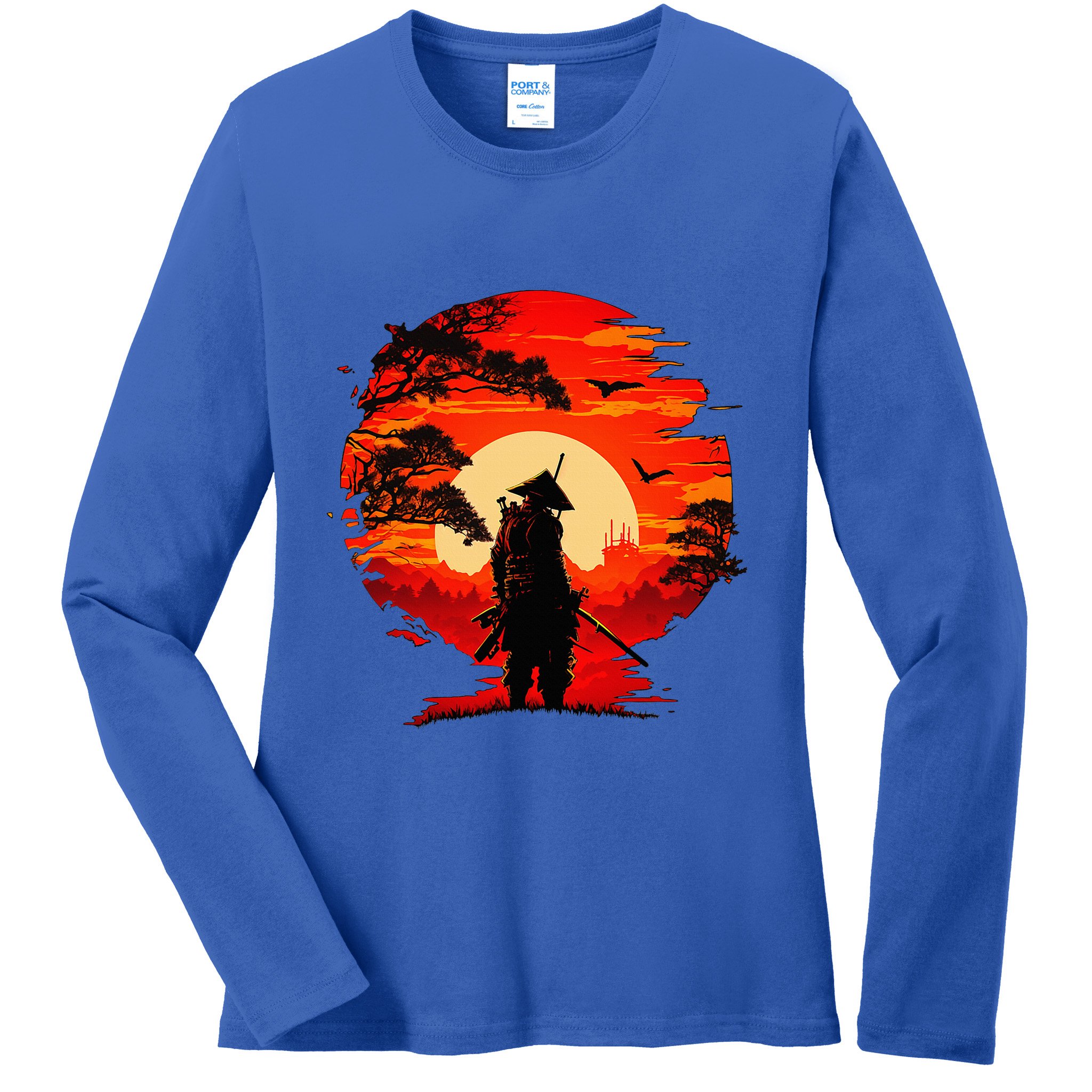 Japanese Samurai Fighter Martial Arts Retro Sunset Ladies Long Sleeve Shirt