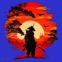 Japanese Samurai Fighter Martial Arts Retro Sunset Women's V-Neck T-Shirt