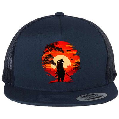 Japanese Samurai Fighter Martial Arts Retro Sunset Flat Bill Trucker Hat