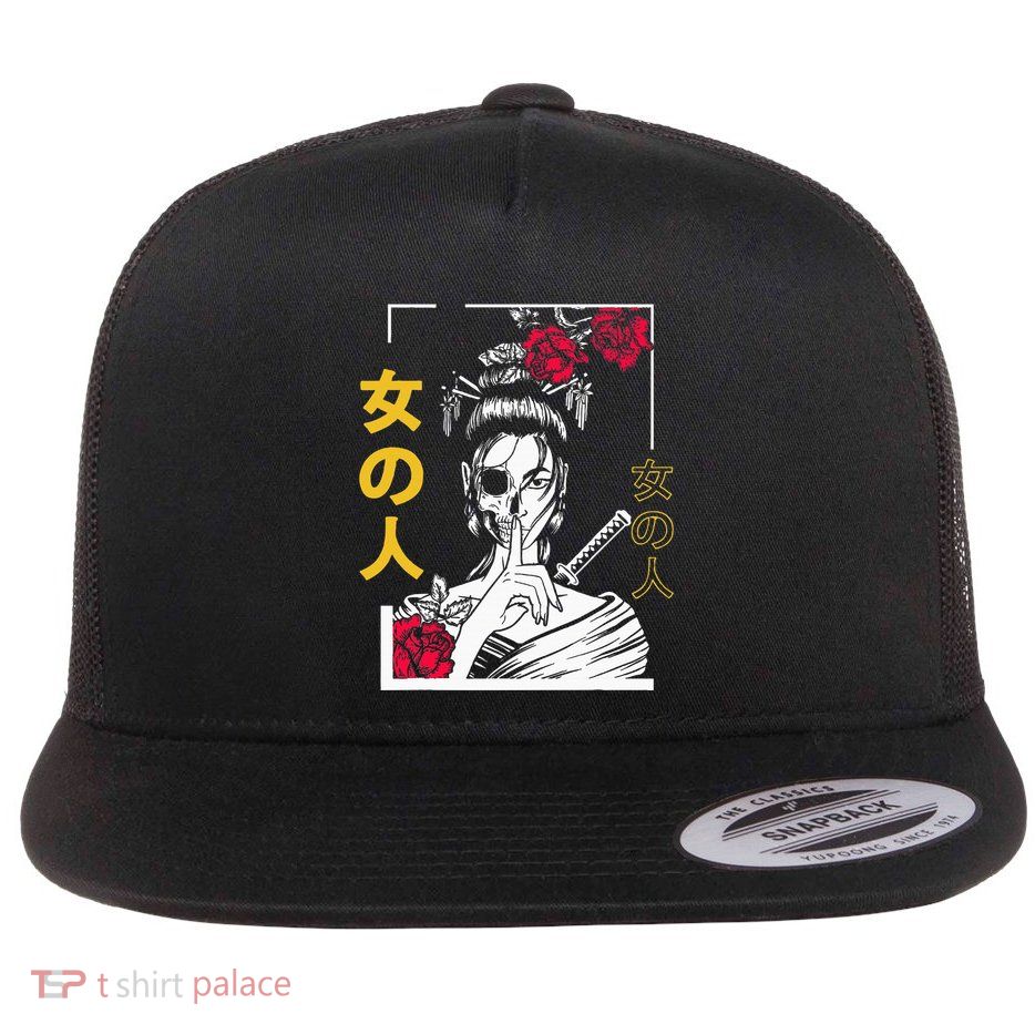 Japanese Samurai Floral Warrior Geisha Woman Flat Bill Trucker Hat