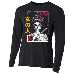 Japanese Samurai Floral Warrior Geisha Woman Cooling Performance Long Sleeve Crew