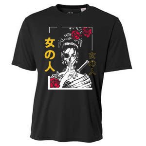 Japanese Samurai Floral Warrior Geisha Woman Tokyo Anime Cooling Performance Crew T-Shirt