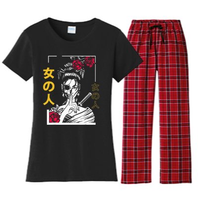 Japanese Samurai Floral Warrior Geisha Tokyo Anime Women's Flannel Pajama Set