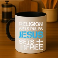 Jesus Sets Free Religion Sets Rules Christian Premium Mug