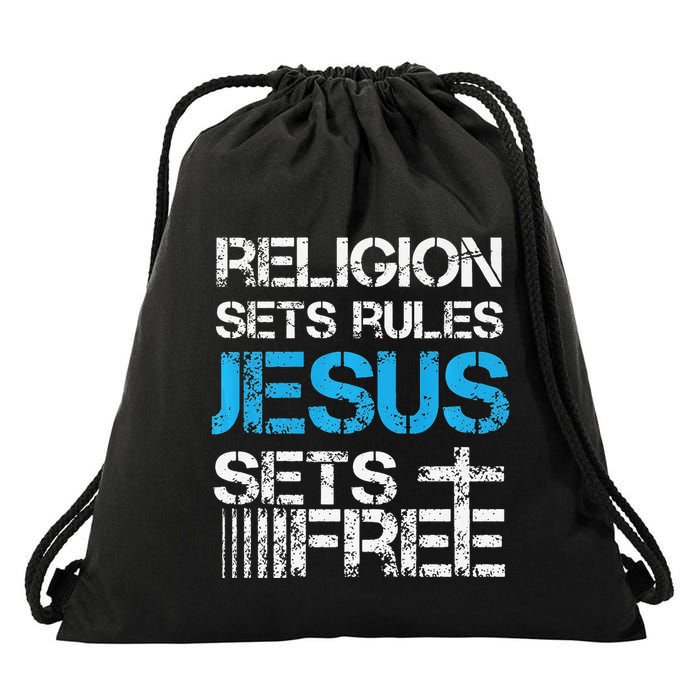 Jesus Sets Free Religion Sets Rules Christian Premium Drawstring Bag