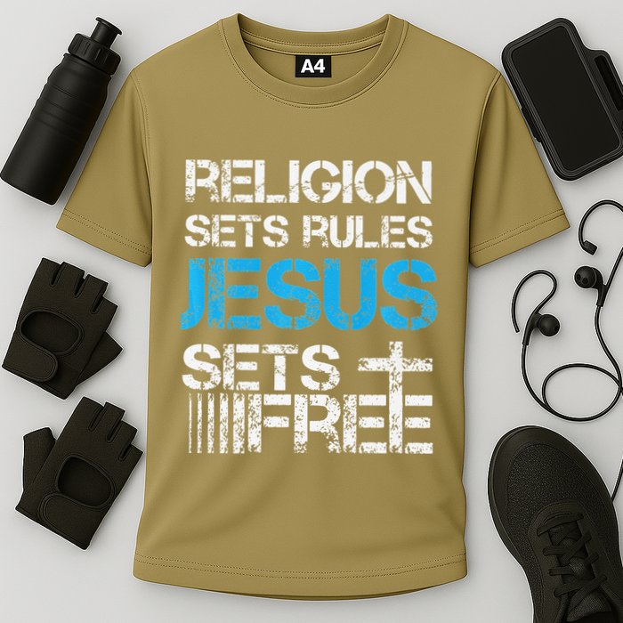 Jesus Sets Free Religion Sets Rules Christian Premium Performance Shirt