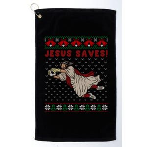 Jesus Saves Football Goalkeeper Goal Ugly Christmas Sweater Platinum Collection Golf Towel